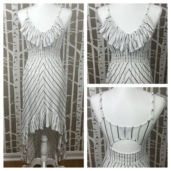 Boho hi-lo white and black striped ruffle trim back cutout maxi dress - Picture 1 of 15